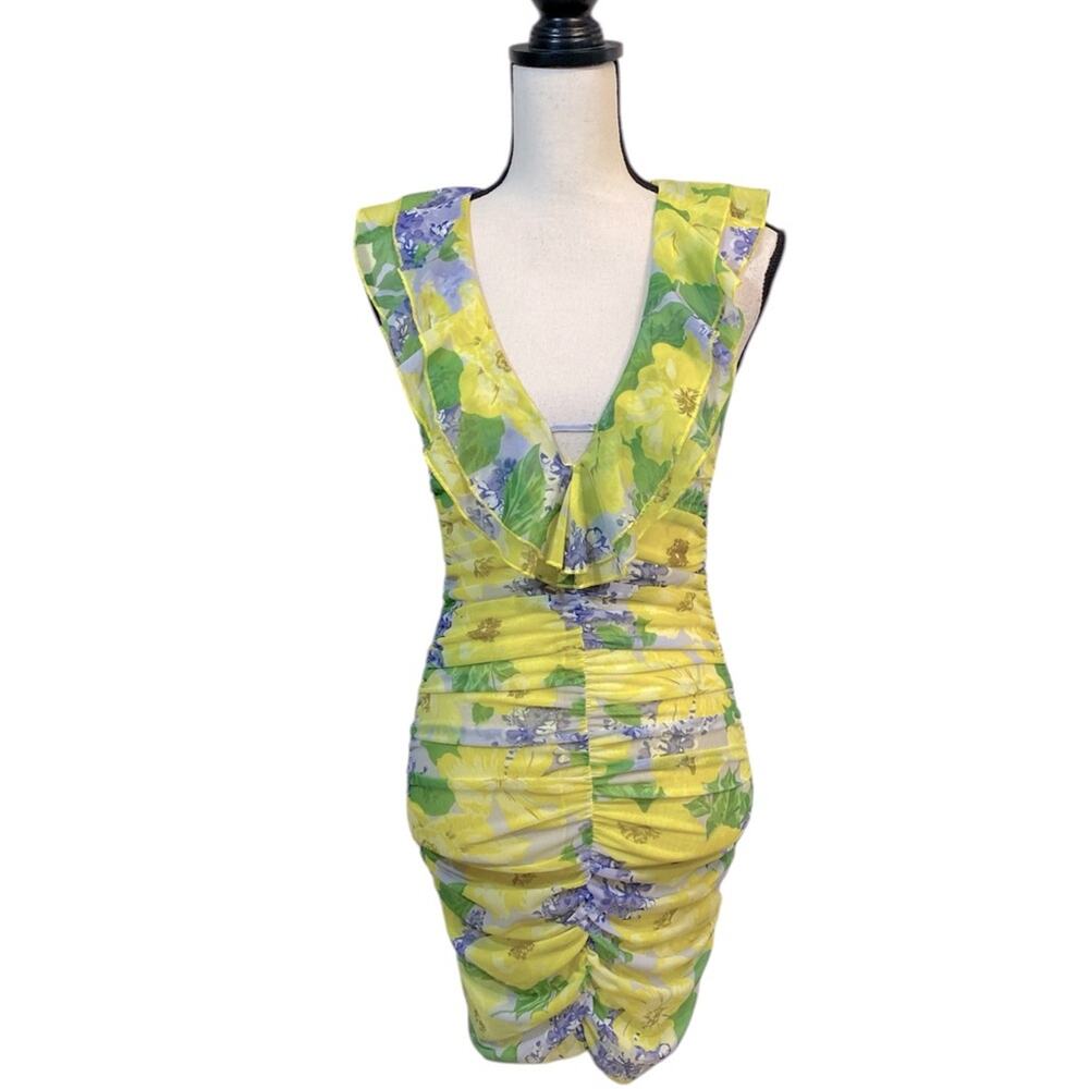 NWT Zara Spring Floral Yellow Lavender Mesh Bodycon Mini Dress Size Small